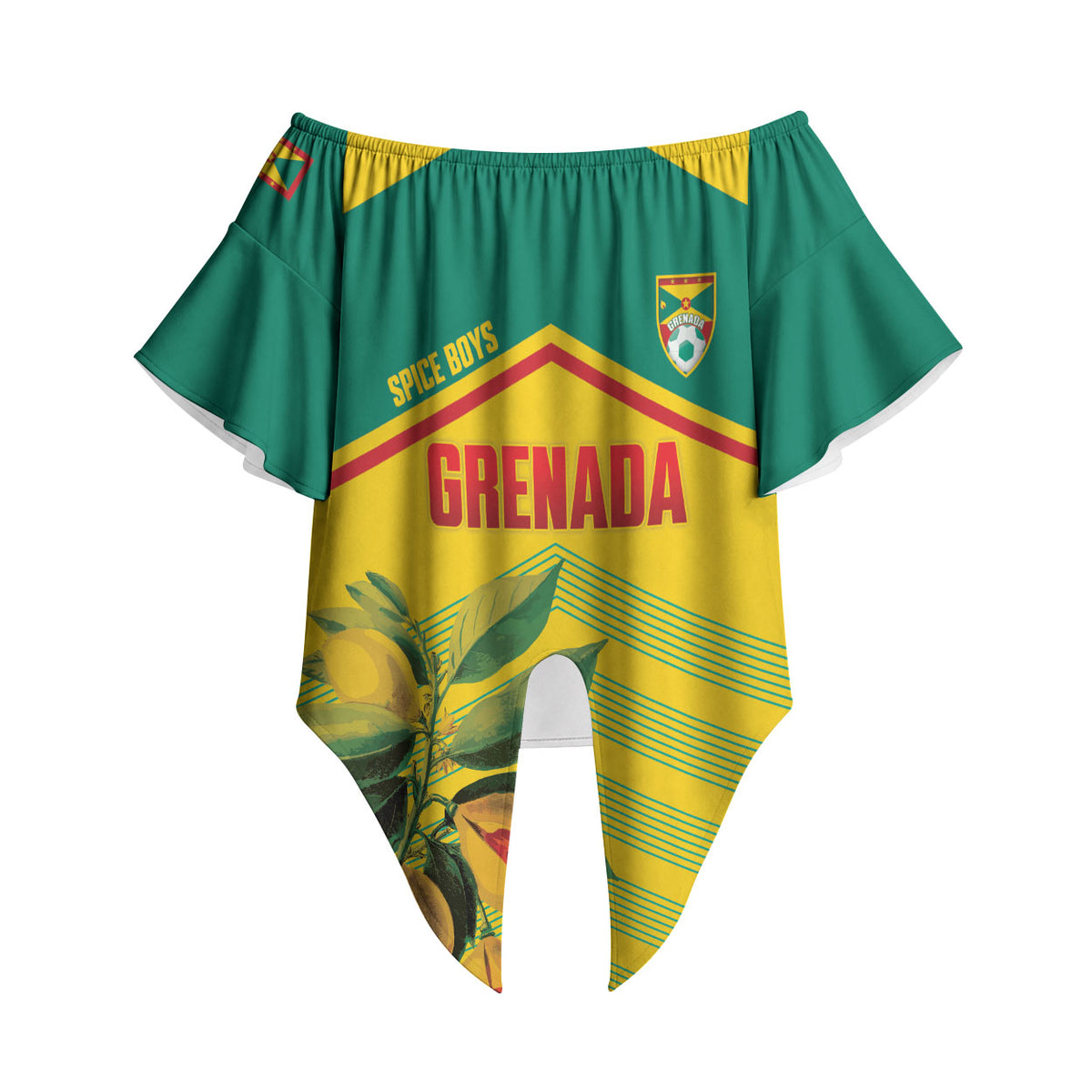 Grenada Football 2026 Custom Off Shoulder Wrap Waist Top Go Spice Boys Nutmeg Yellow Version