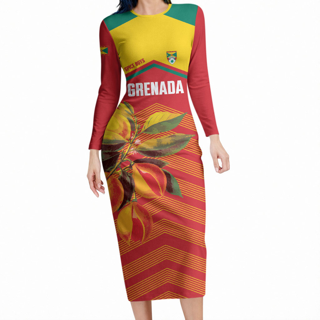 Grenada Football 2026 Custom Long Sleeve Bodycon Dress Go Spice Boys Nutmeg Red Version