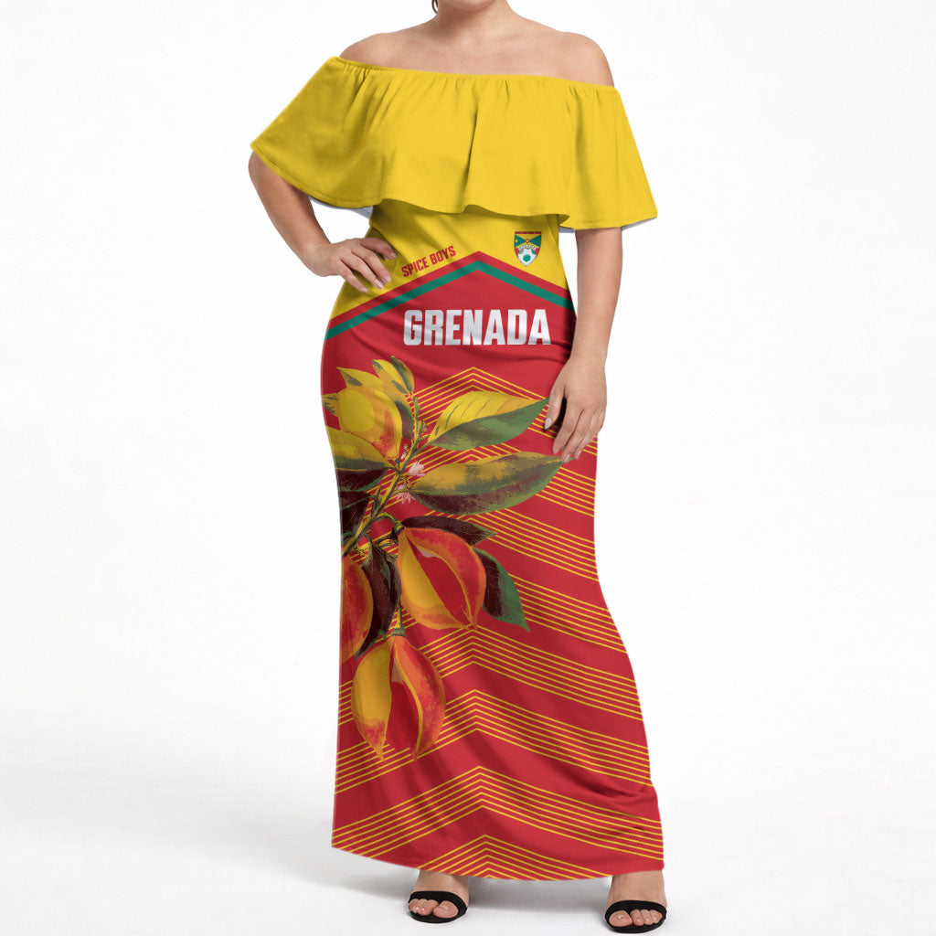 Grenada Football 2026 Custom Off Shoulder Maxi Dress Go Spice Boys Nutmeg Red Version