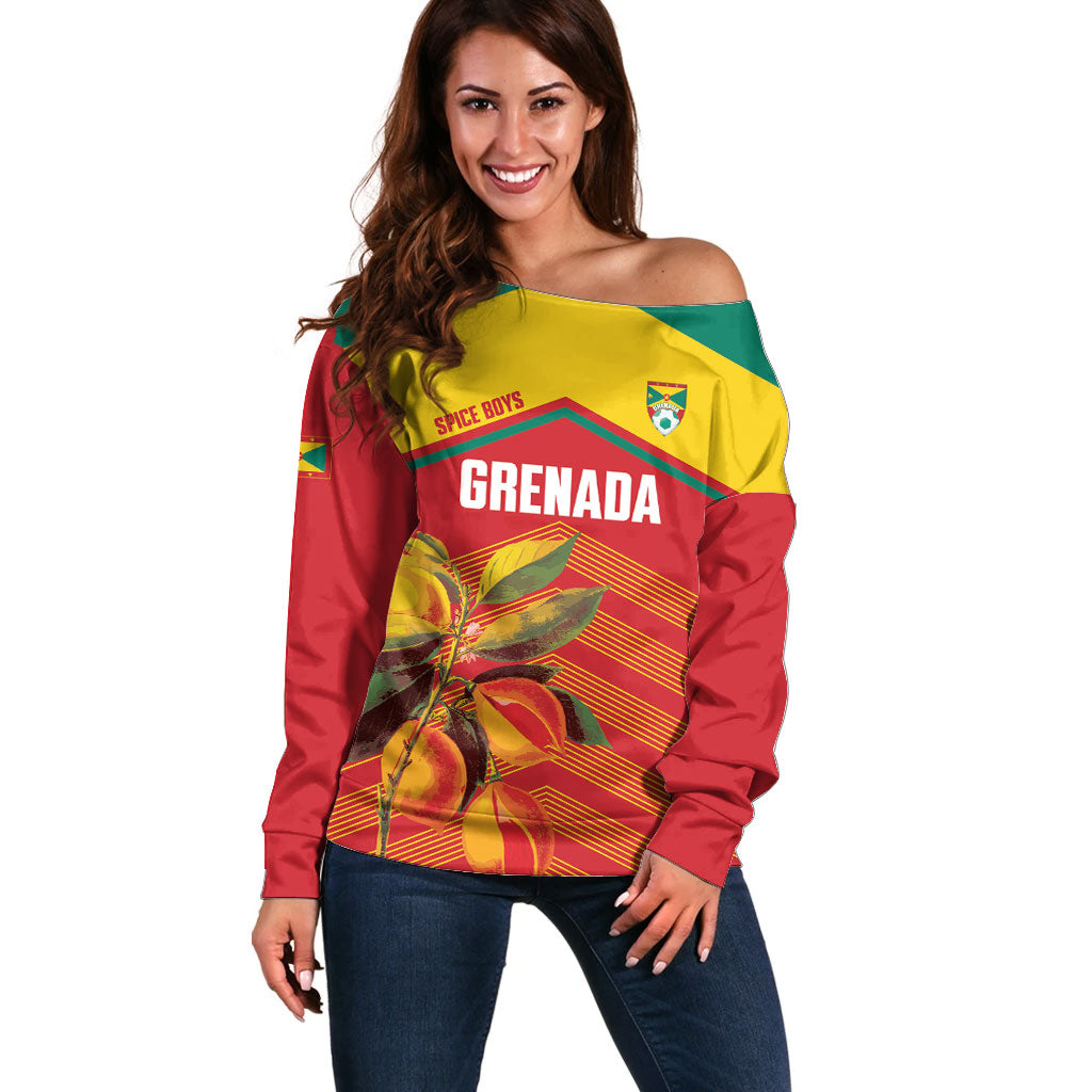 Grenada Football 2026 Custom Off Shoulder Sweater Go Spice Boys Nutmeg Red Version