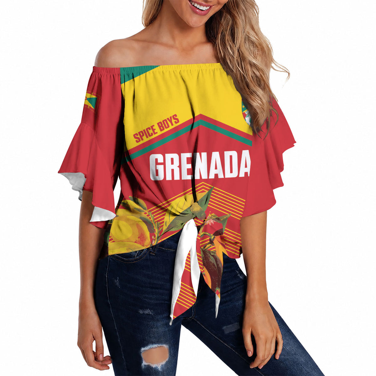 Grenada Football 2026 Custom Off Shoulder Wrap Waist Top Go Spice Boys Nutmeg Red Version