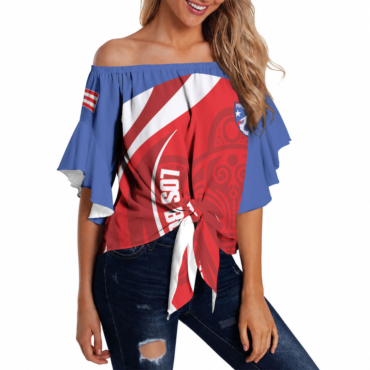 Puerto Rico Football 2026 Custom Off Shoulder Wrap Waist Top Vamos Los Boricuas Taino Sun