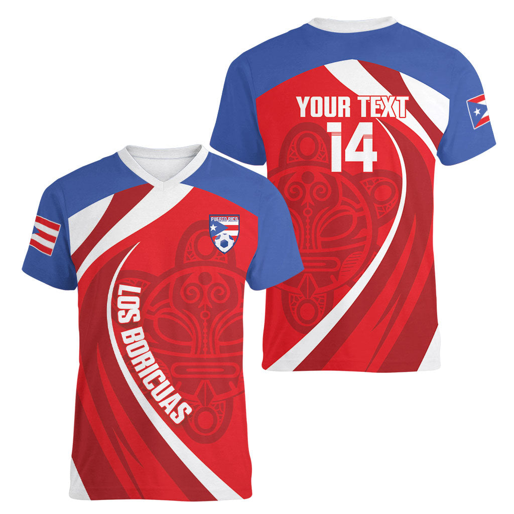 Puerto Rico Football 2026 Custom Women V-Neck T-Shirt Vamos Los Boricuas Taino Sun