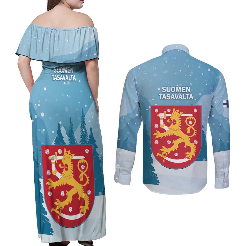 Finland Independence Day Couples Matching Off Shoulder Maxi Dress and Long Sleeve Button Shirt Suomen Itsenaistyminen Mix Brown Bear - Wonder Print Shop
