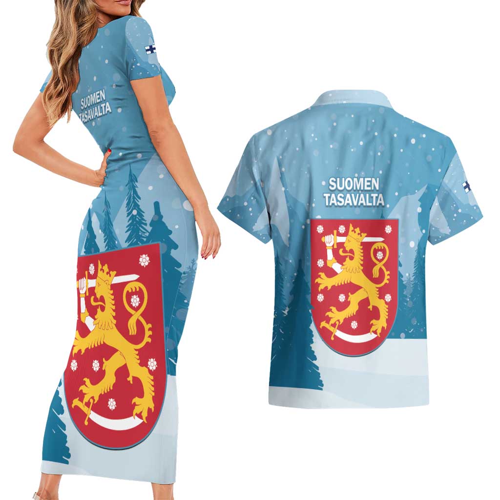 Finland Independence Day Couples Matching Short Sleeve Bodycon Dress and Hawaiian Shirt Suomen Itsenaistyminen Mix Brown Bear - Wonder Print Shop