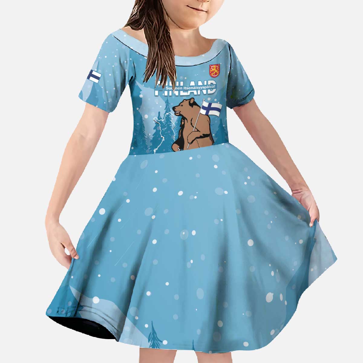 Finland Independence Day Family Matching Off The Shoulder Long Sleeve Dress and Hawaiian Shirt Suomen Itsenaistyminen Mix Brown Bear - Wonder Print Shop