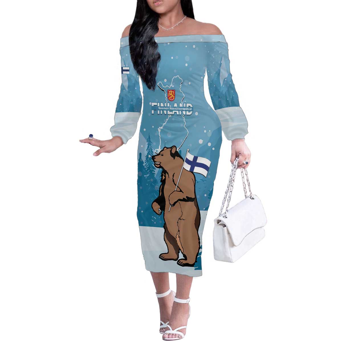 Finland Independence Day Family Matching Off The Shoulder Long Sleeve Dress and Hawaiian Shirt Suomen Itsenaistyminen Mix Brown Bear - Wonder Print Shop