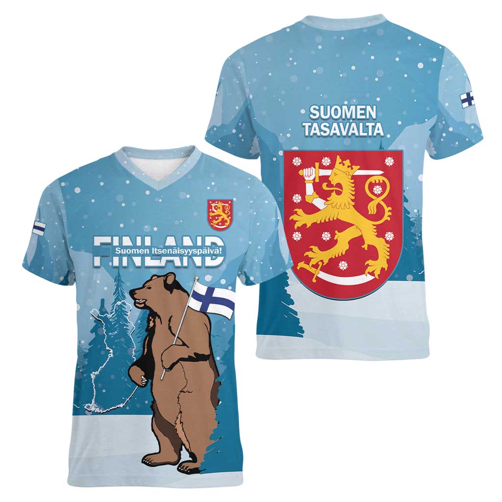 Finland Independence Day Women V-Neck T-Shirt Suomen Itsenaistyminen Mix Brown Bear - Wonder Print Shop