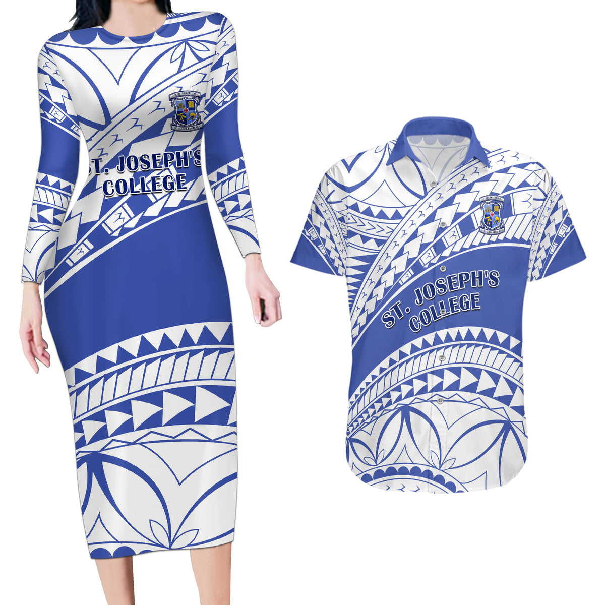 Personalised Samoa St Josephs College Couples Matching Long Sleeve Bodycon Dress and Hawaiian Shirt Marist Brothers Samoan Pattern - Wonder Print Shop