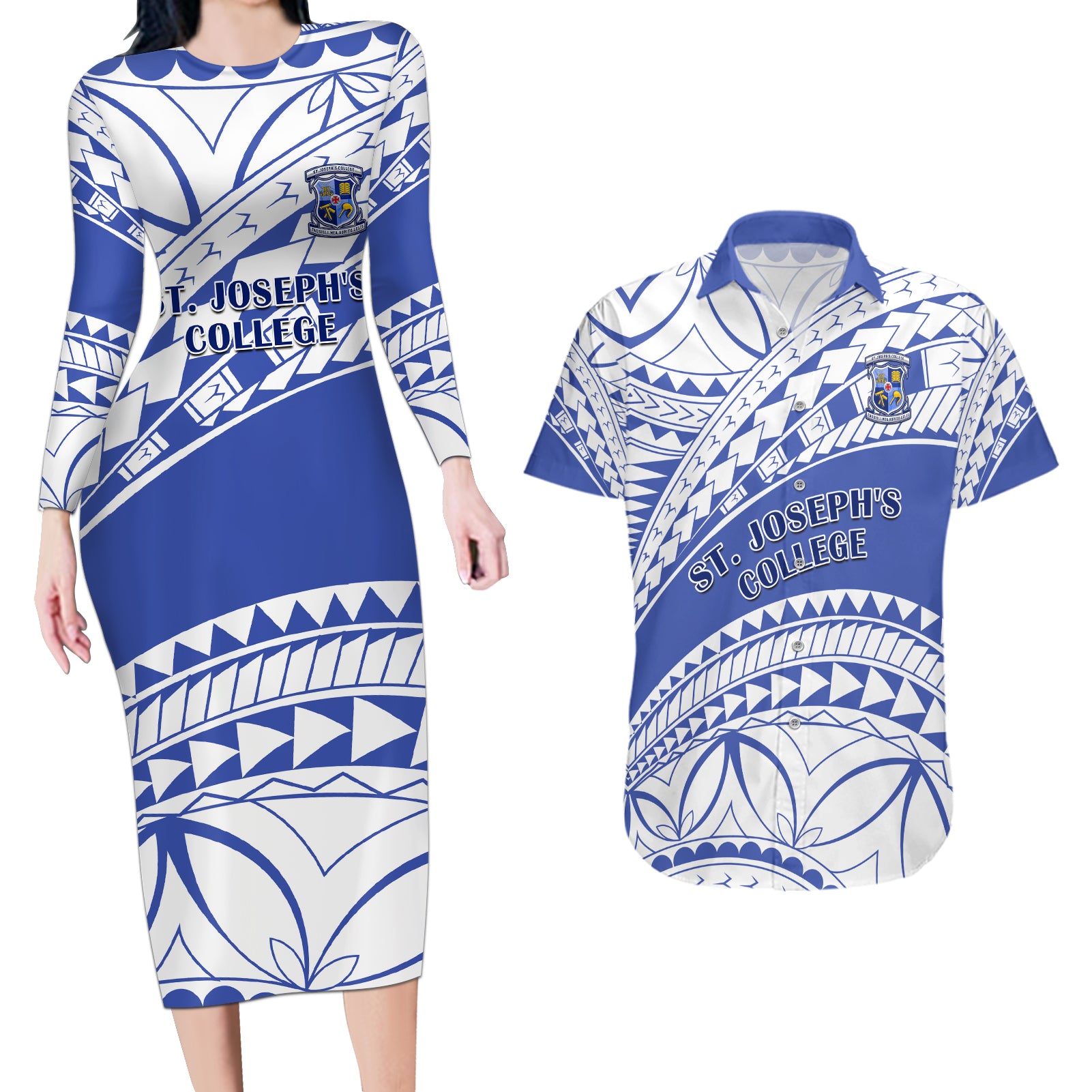 Personalised Samoa St Josephs College Couples Matching Long Sleeve Bodycon Dress and Hawaiian Shirt Marist Brothers Samoan Pattern - Wonder Print Shop