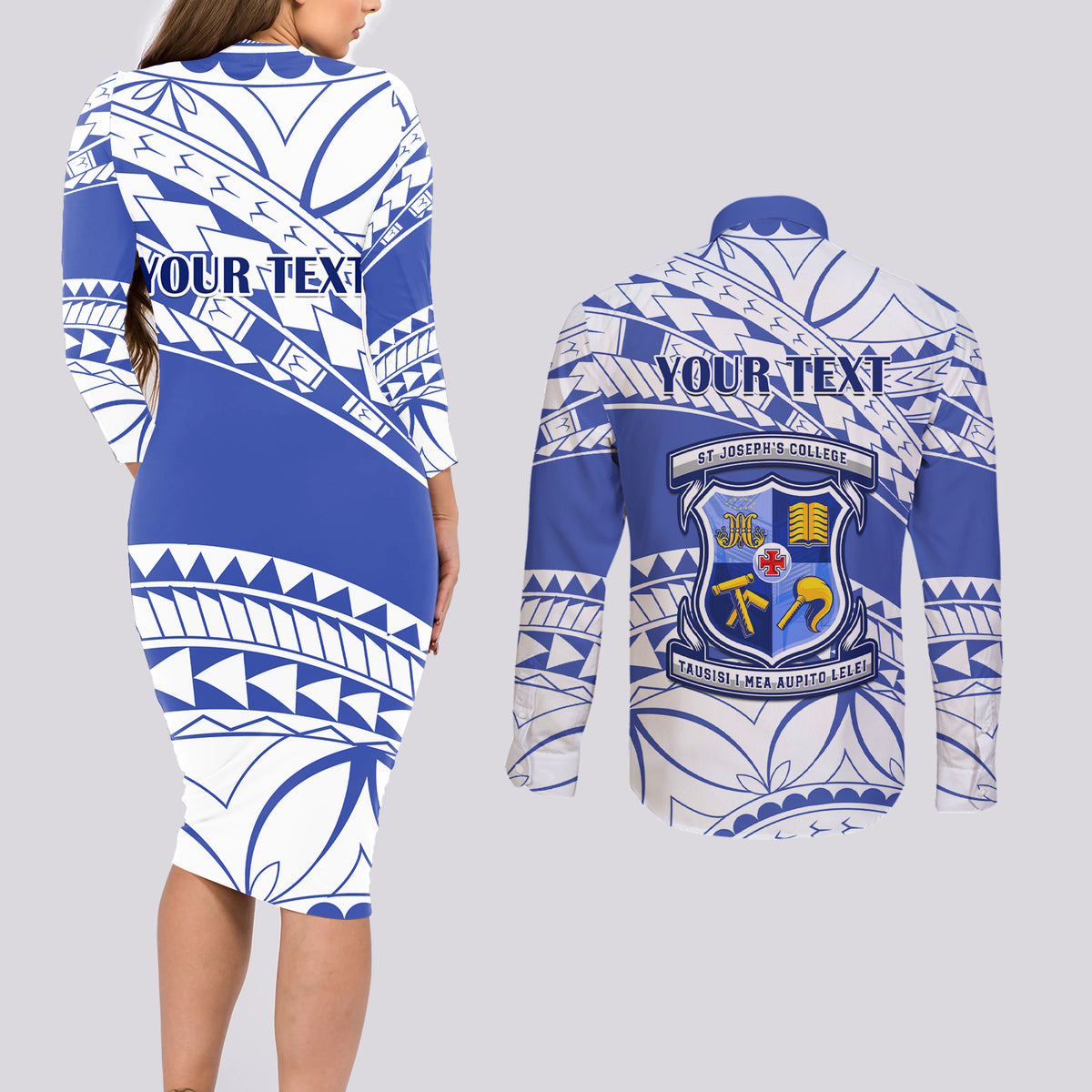 Personalised Samoa St Josephs College Couples Matching Long Sleeve Bodycon Dress and Long Sleeve Button Shirt Marist Brothers Samoan Pattern - Wonder Print Shop