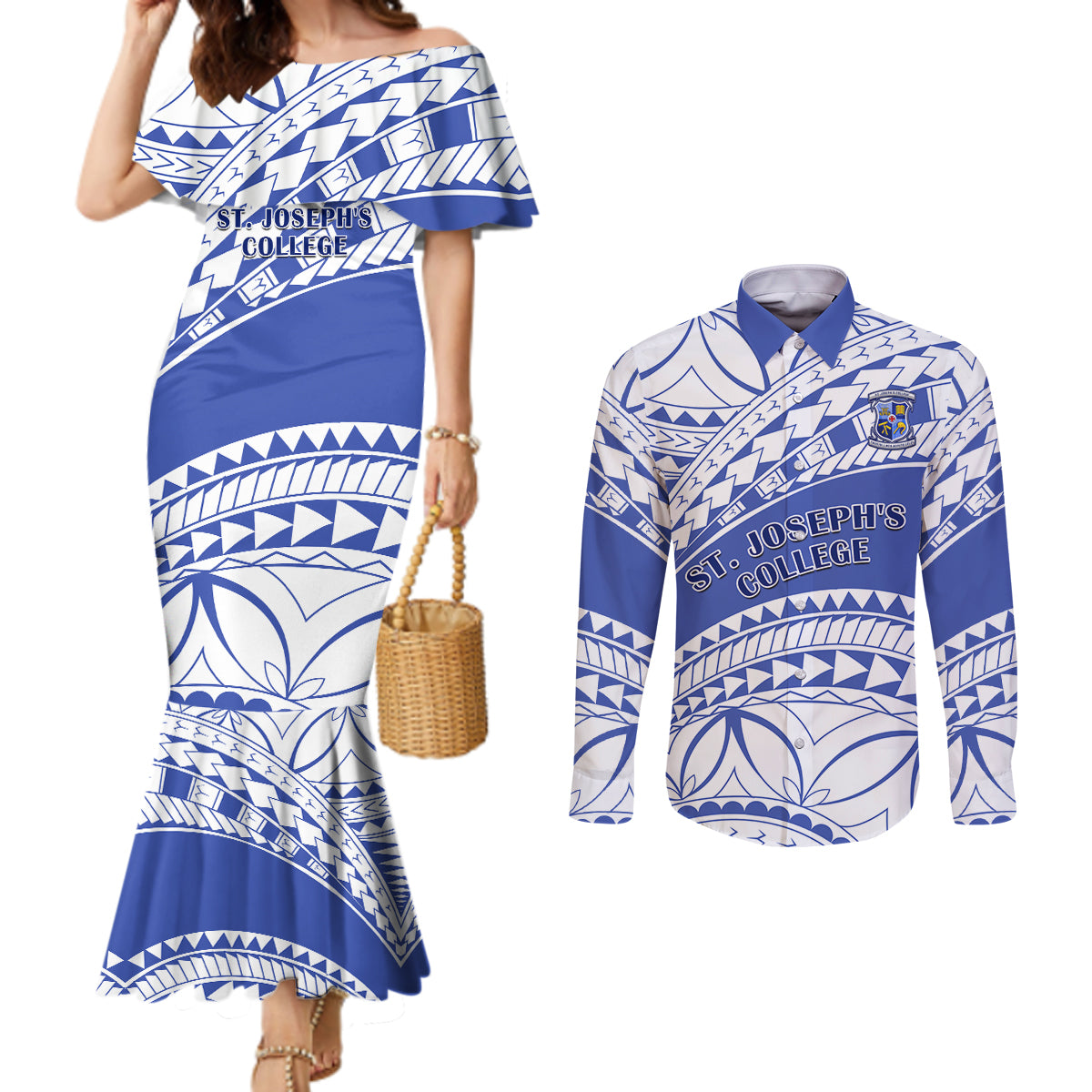 personalised-samoa-st-josephs-college-couples-matching-mermaid-dress-and-long-sleeve-button-shirt-marist-brothers-samoan-pattern