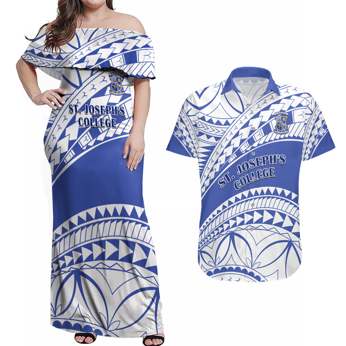 Personalised Samoa St Josephs College Couples Matching Off Shoulder Maxi Dress and Hawaiian Shirt Marist Brothers Samoan Pattern - Wonder Print Shop