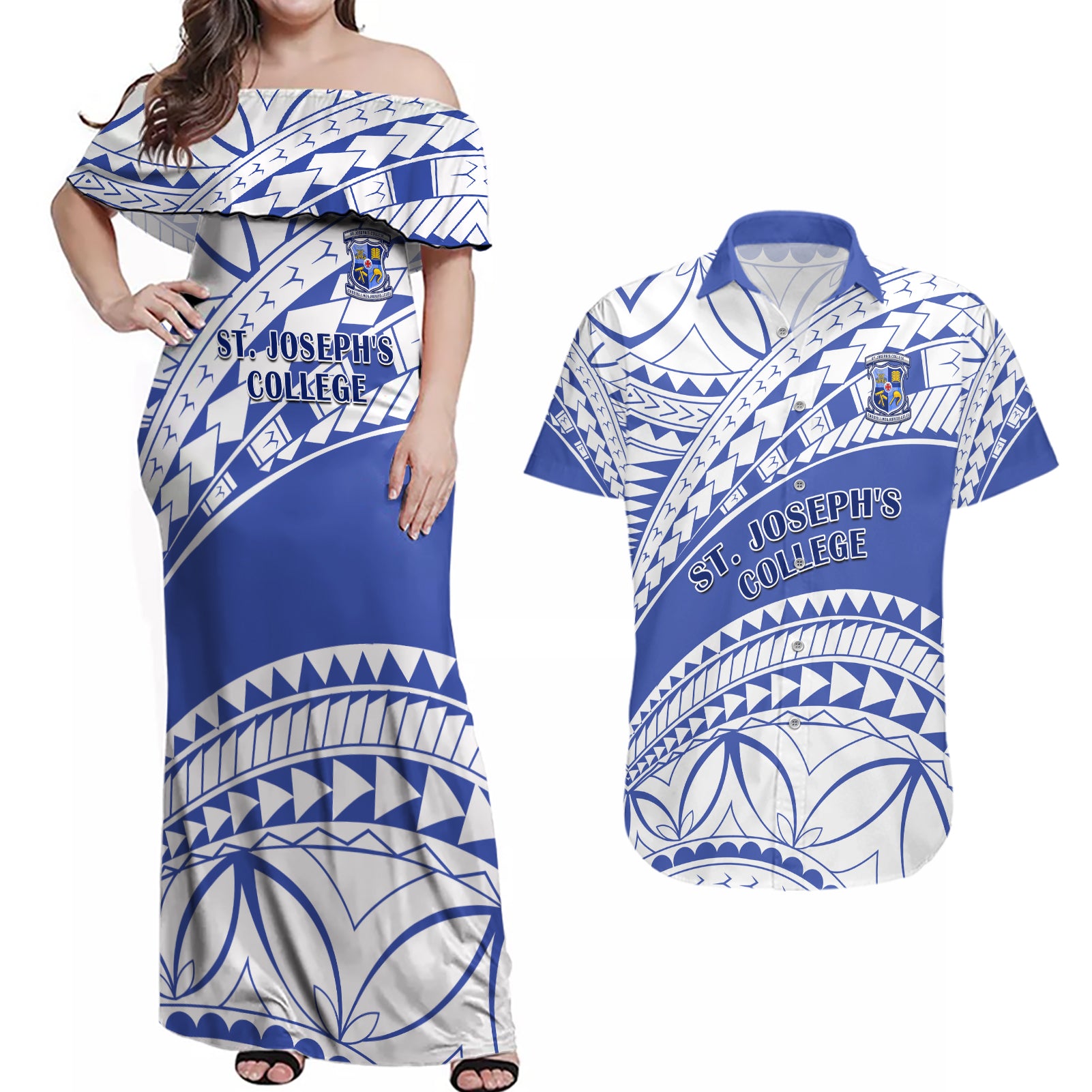 Personalised Samoa St Josephs College Couples Matching Off Shoulder Maxi Dress and Hawaiian Shirt Marist Brothers Samoan Pattern - Wonder Print Shop