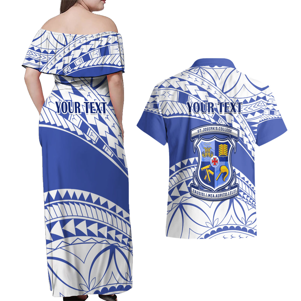 Personalised Samoa St Josephs College Couples Matching Off Shoulder Maxi Dress and Hawaiian Shirt Marist Brothers Samoan Pattern - Wonder Print Shop