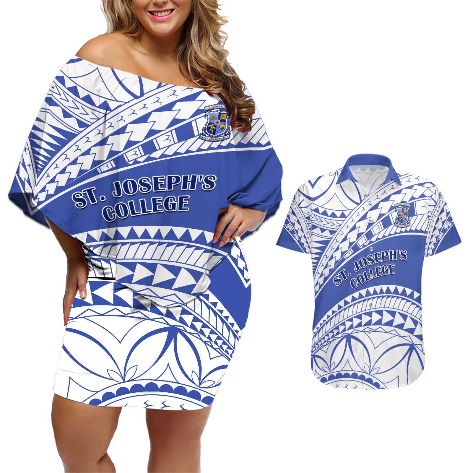 Personalised Samoa St Josephs College Couples Matching Off Shoulder Short Dress and Hawaiian Shirt Marist Brothers Samoan Pattern - Wonder Print Shop