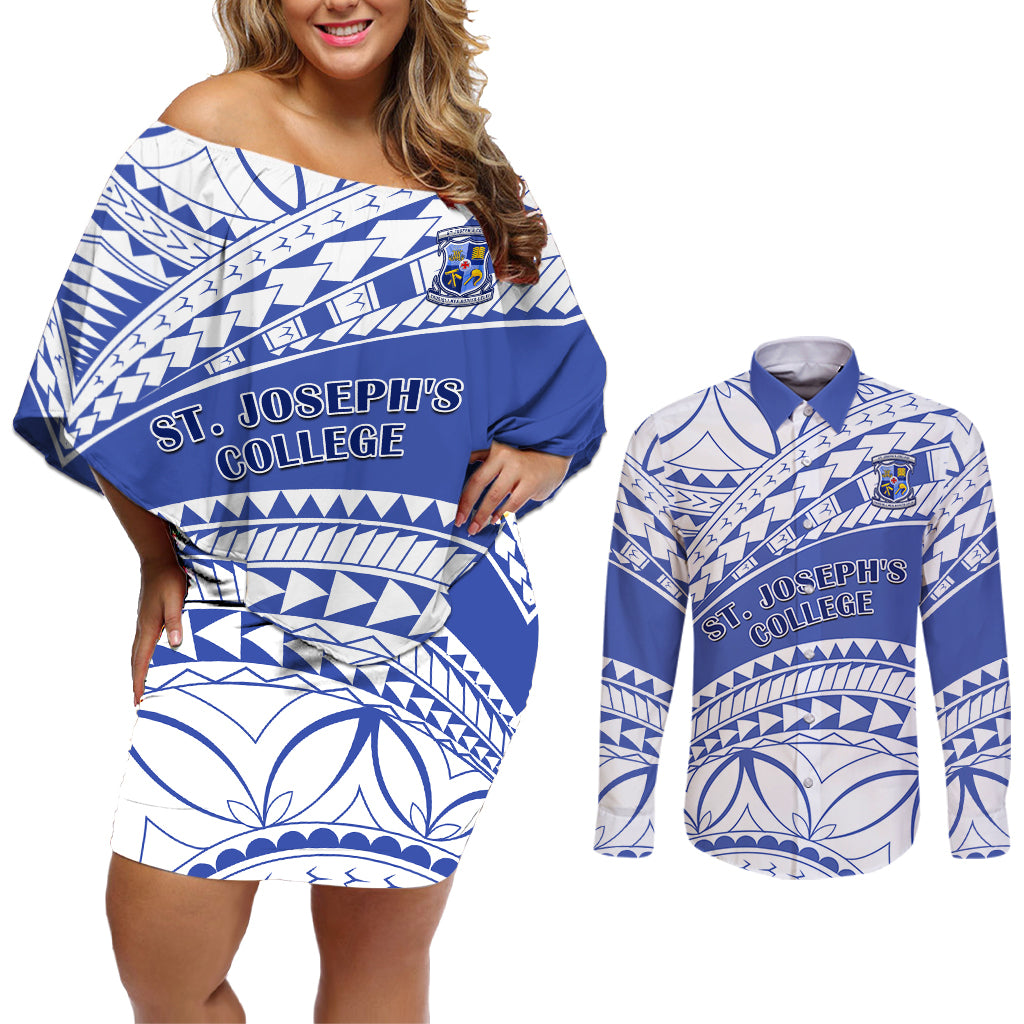 Personalised Samoa St Josephs College Couples Matching Off Shoulder Short Dress and Long Sleeve Button Shirt Marist Brothers Samoan Pattern - Wonder Print Shop