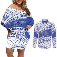 Personalised Samoa St Josephs College Couples Matching Off Shoulder Short Dress and Long Sleeve Button Shirt Marist Brothers Samoan Pattern - Wonder Print Shop