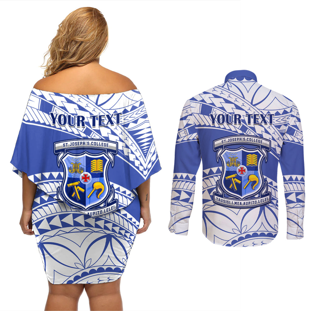 Personalised Samoa St Josephs College Couples Matching Off Shoulder Short Dress and Long Sleeve Button Shirt Marist Brothers Samoan Pattern - Wonder Print Shop