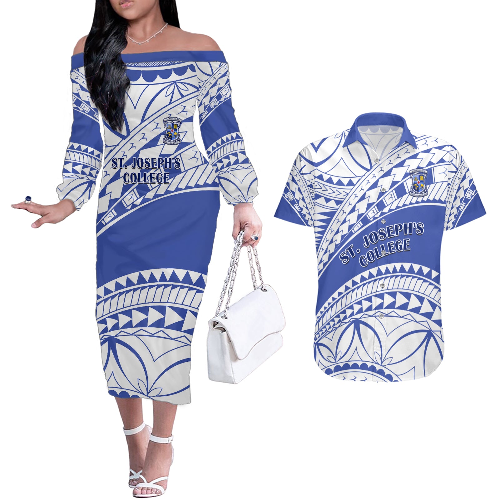 Personalised Samoa St Josephs College Couples Matching Off The Shoulder Long Sleeve Dress and Hawaiian Shirt Marist Brothers Samoan Pattern - Wonder Print Shop