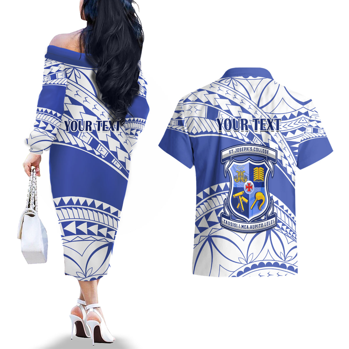 Personalised Samoa St Josephs College Couples Matching Off The Shoulder Long Sleeve Dress and Hawaiian Shirt Marist Brothers Samoan Pattern - Wonder Print Shop