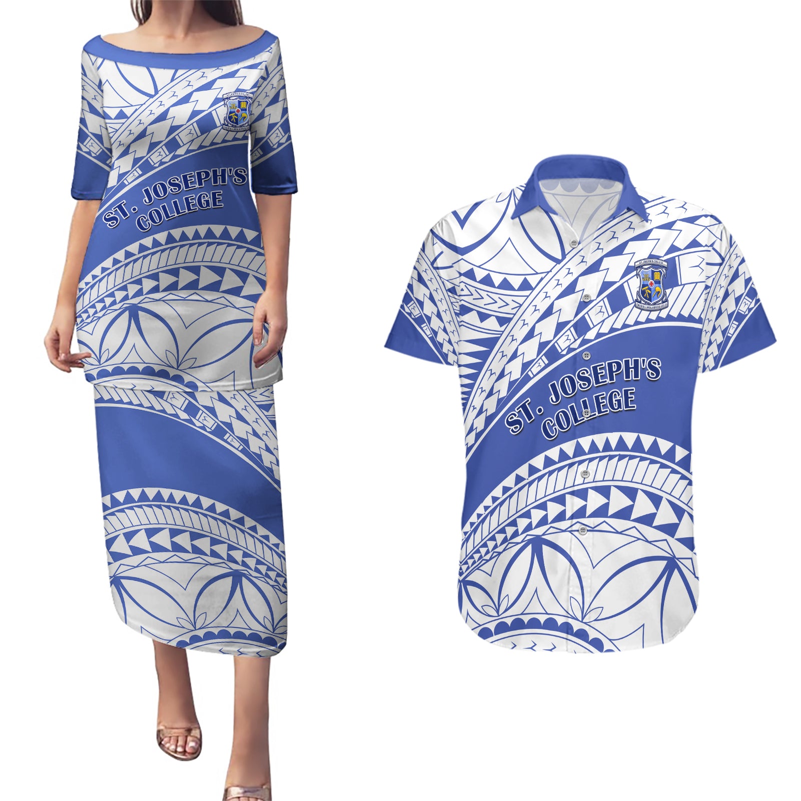 Personalised Samoa St Josephs College Couples Matching Puletasi Dress and Hawaiian Shirt Marist Brothers Samoan Pattern - Wonder Print Shop