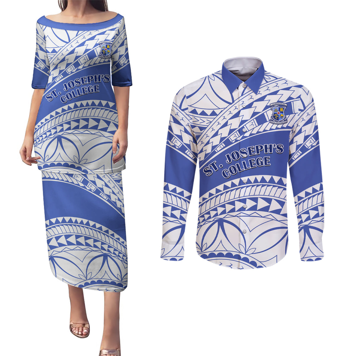 Personalised Samoa St Josephs College Couples Matching Puletasi Dress and Long Sleeve Button Shirt Marist Brothers Samoan Pattern - Wonder Print Shop