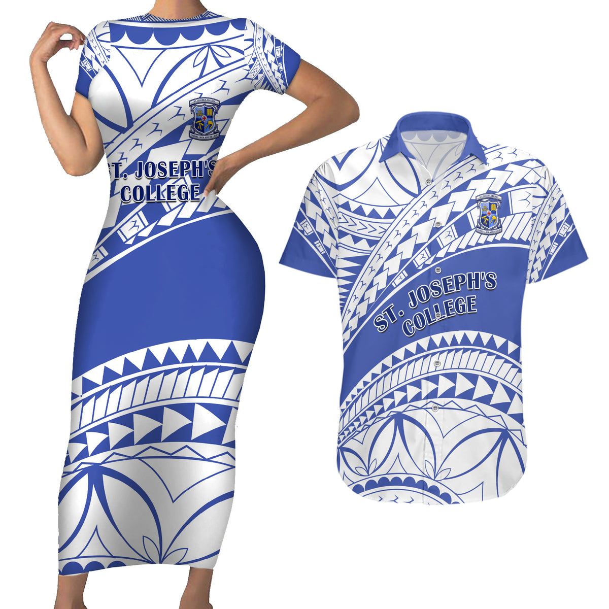 Personalised Samoa St Josephs College Couples Matching Short Sleeve Bodycon Dress and Hawaiian Shirt Marist Brothers Samoan Pattern - Wonder Print Shop