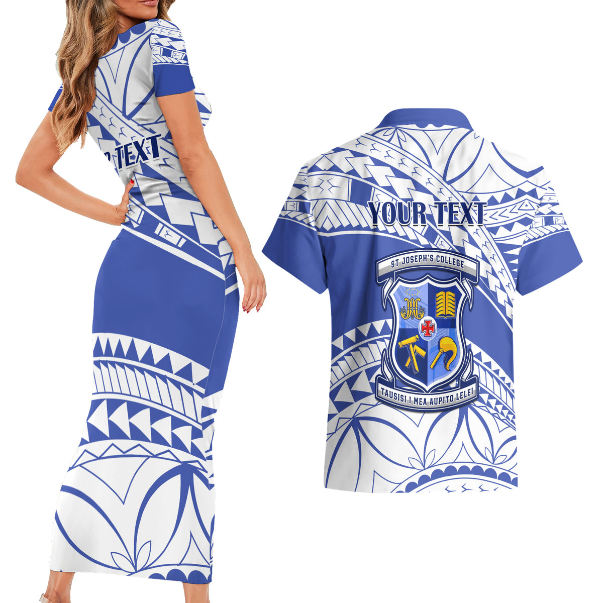 Personalised Samoa St Josephs College Couples Matching Short Sleeve Bodycon Dress and Hawaiian Shirt Marist Brothers Samoan Pattern - Wonder Print Shop