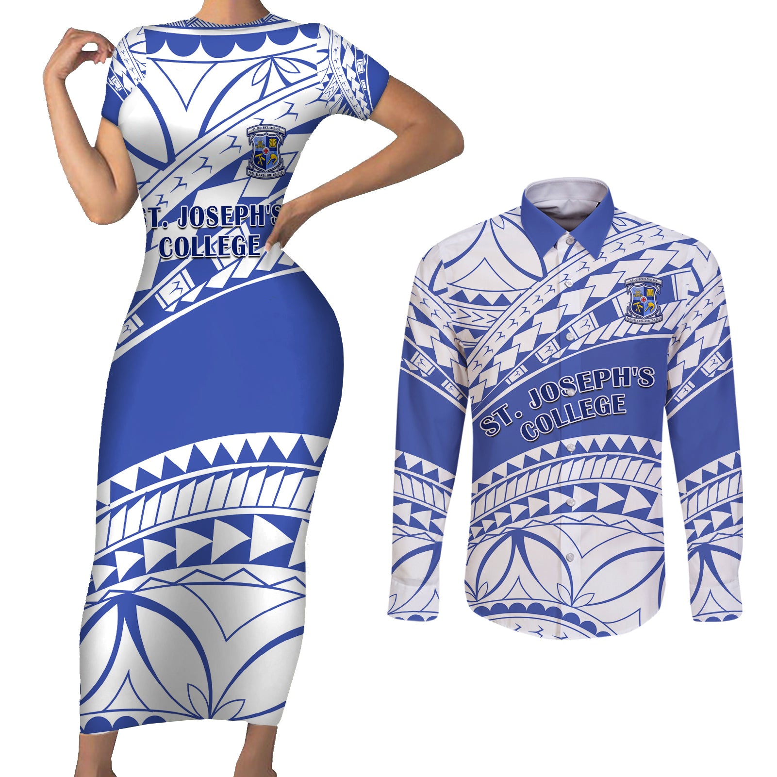 Personalised Samoa St Josephs College Couples Matching Short Sleeve Bodycon Dress and Long Sleeve Button Shirt Marist Brothers Samoan Pattern - Wonder Print Shop