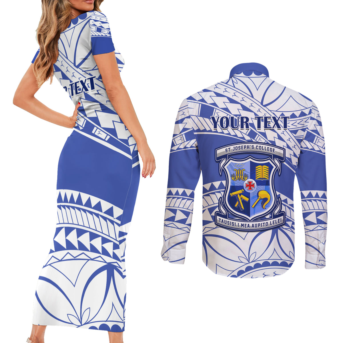 Personalised Samoa St Josephs College Couples Matching Short Sleeve Bodycon Dress and Long Sleeve Button Shirt Marist Brothers Samoan Pattern - Wonder Print Shop
