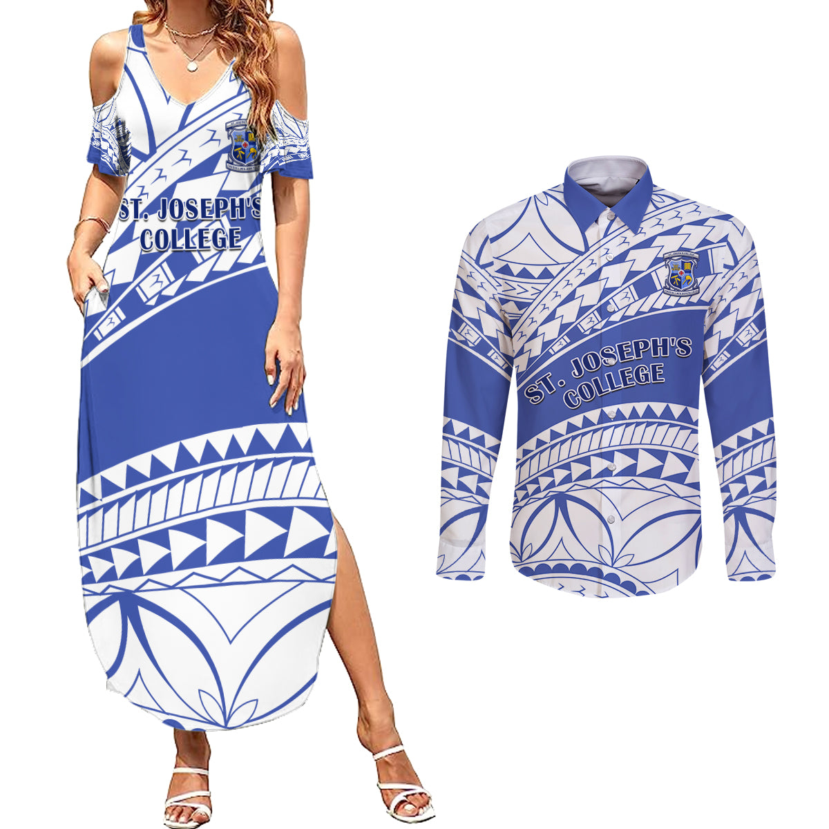 Personalised Samoa St Josephs College Couples Matching Summer Maxi Dress and Long Sleeve Button Shirt Marist Brothers Samoan Pattern - Wonder Print Shop