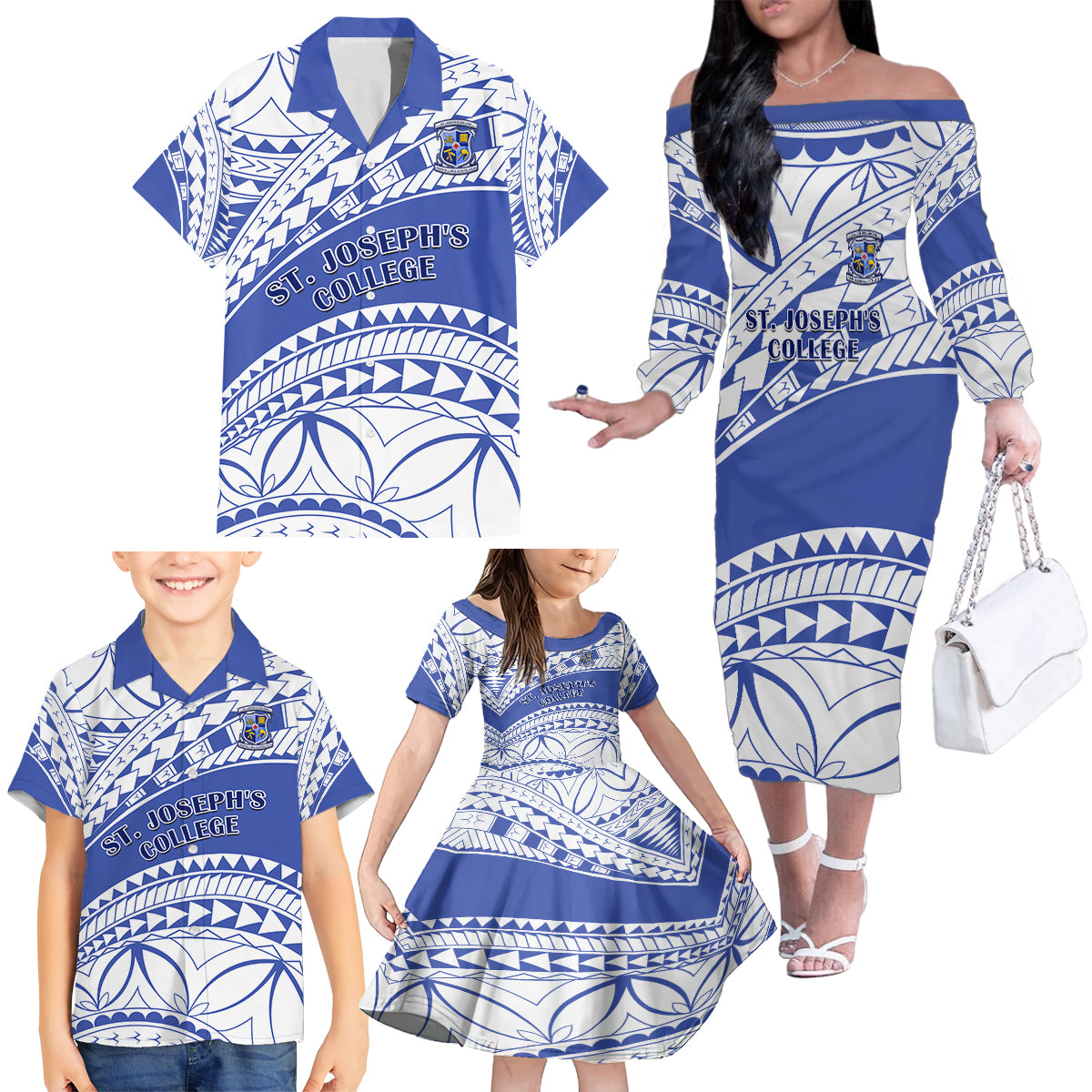 Personalised Samoa St Josephs College Family Matching Off Shoulder Long Sleeve Dress and Hawaiian Shirt Marist Brothers Samoan Pattern - Wonder Print Shop