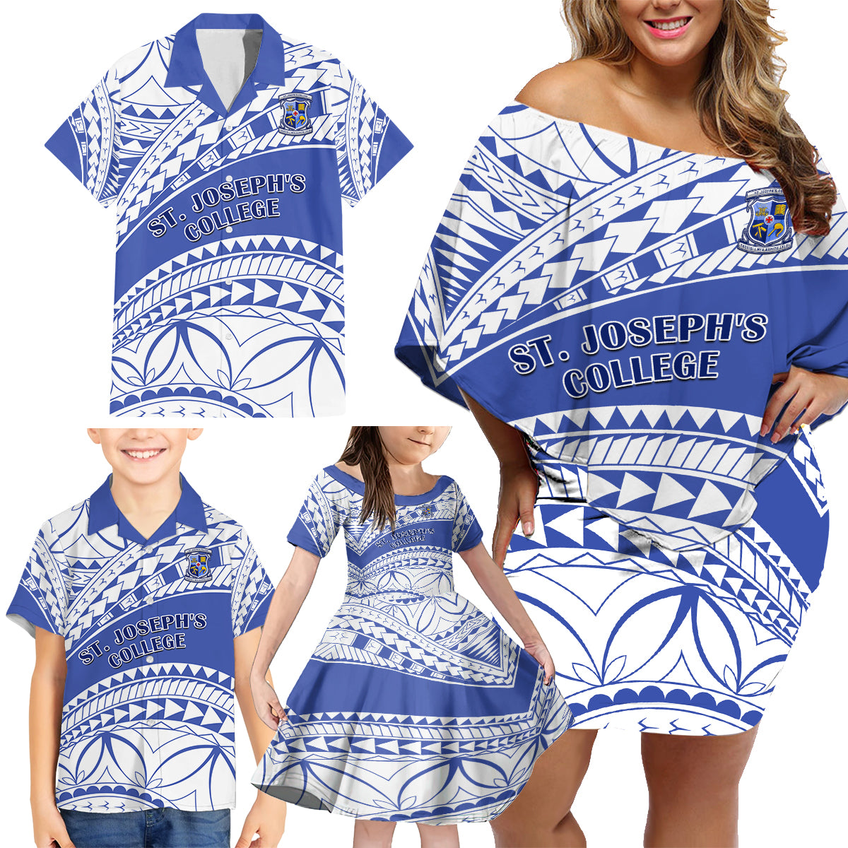 Personalised Samoa St Josephs College Family Matching Off Shoulder Short Dress and Hawaiian Shirt Marist Brothers Samoan Pattern - Wonder Print Shop
