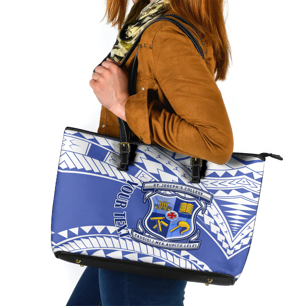 Personalised Samoa St Josephs College Leather Tote Bag Marist Brothers Samoan Pattern - Wonder Print Shop