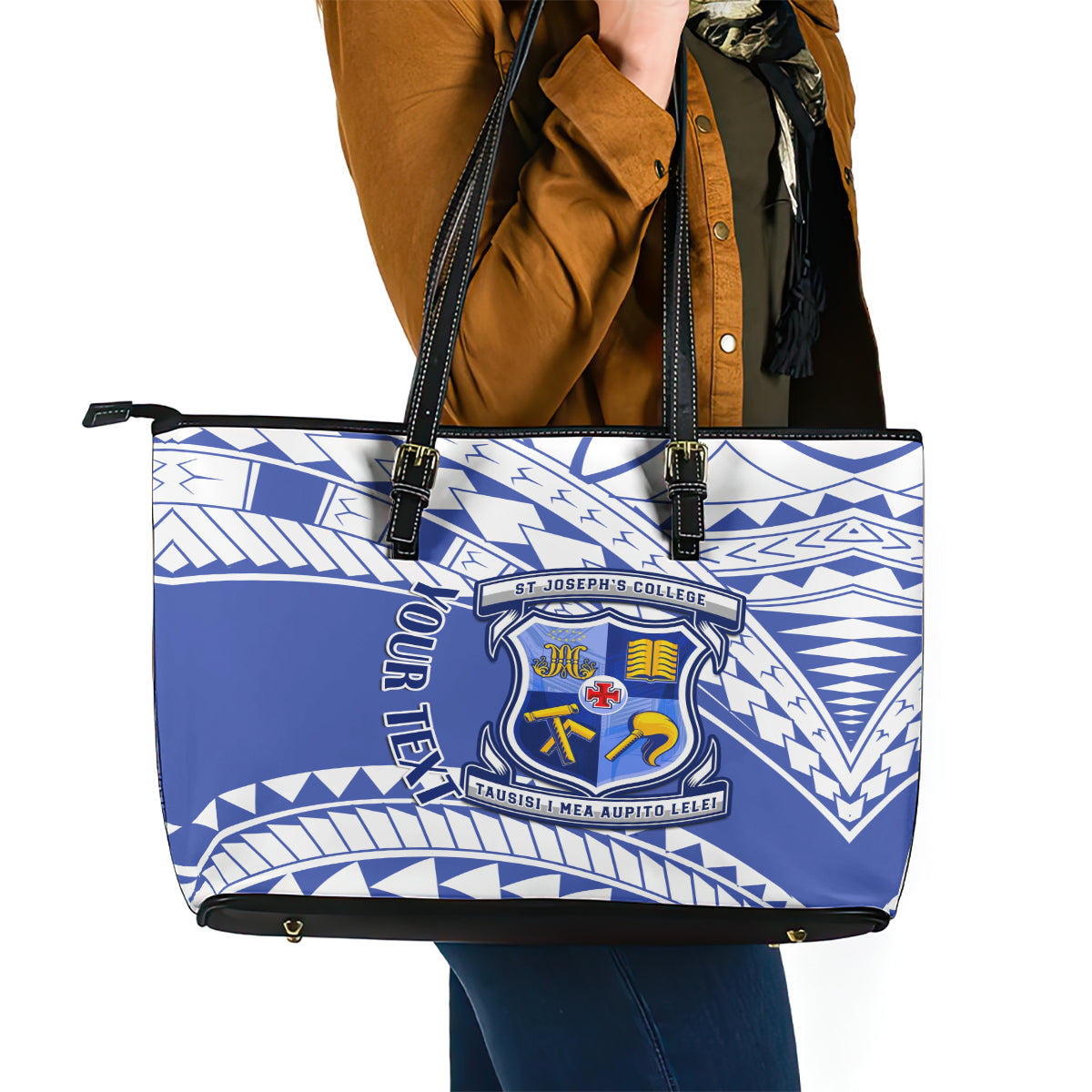 Personalised Samoa St Josephs College Leather Tote Bag Marist Brothers Samoan Pattern - Wonder Print Shop
