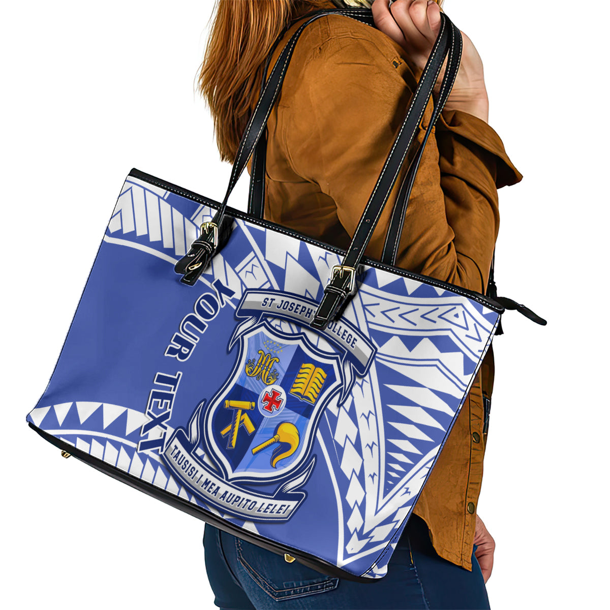 Personalised Samoa St Josephs College Leather Tote Bag Marist Brothers Samoan Pattern - Wonder Print Shop