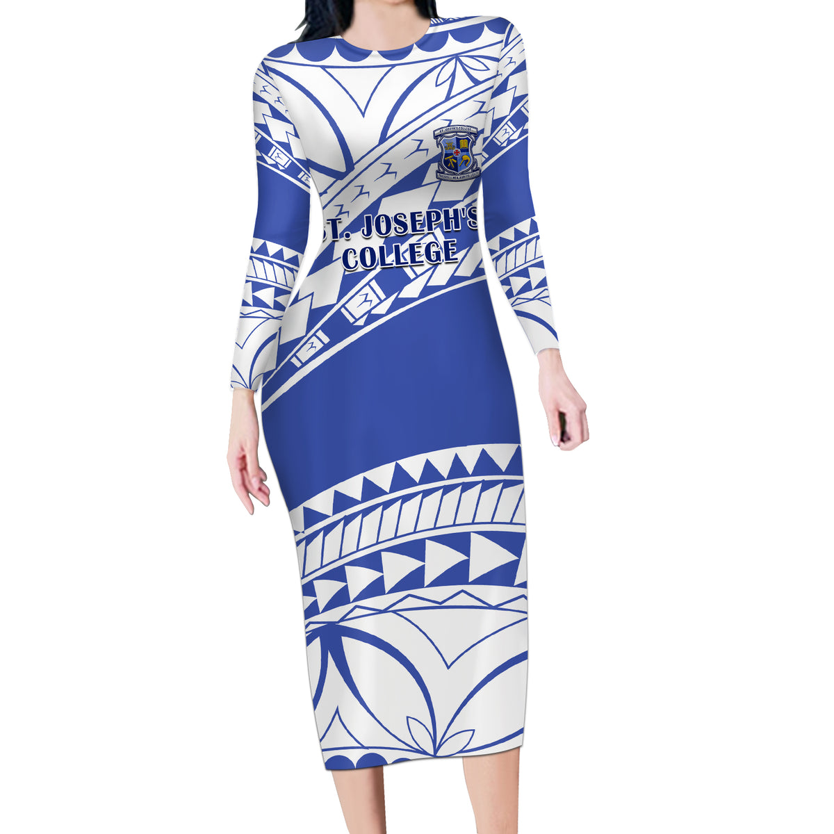 Personalised Samoa St Josephs College Long Sleeve Bodycon Dress Marist Brothers Samoan Pattern - Wonder Print Shop