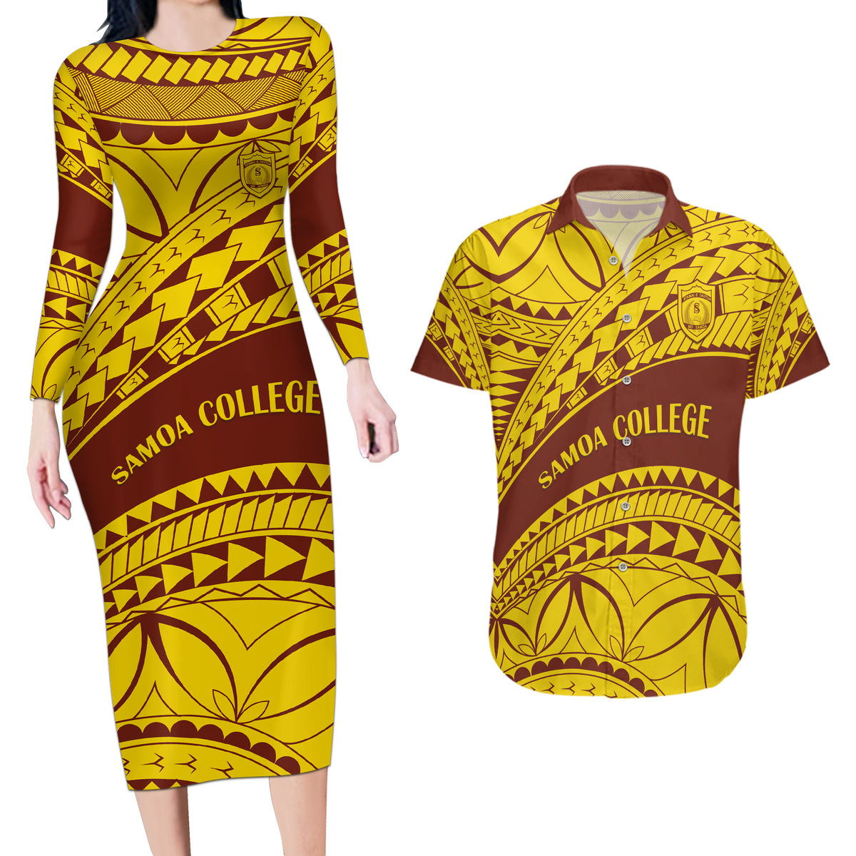 Personalised Samoa College Couples Matching Long Sleeve Bodycon Dress and Hawaiian Shirt Samoan Pattern - Wonder Print Shop