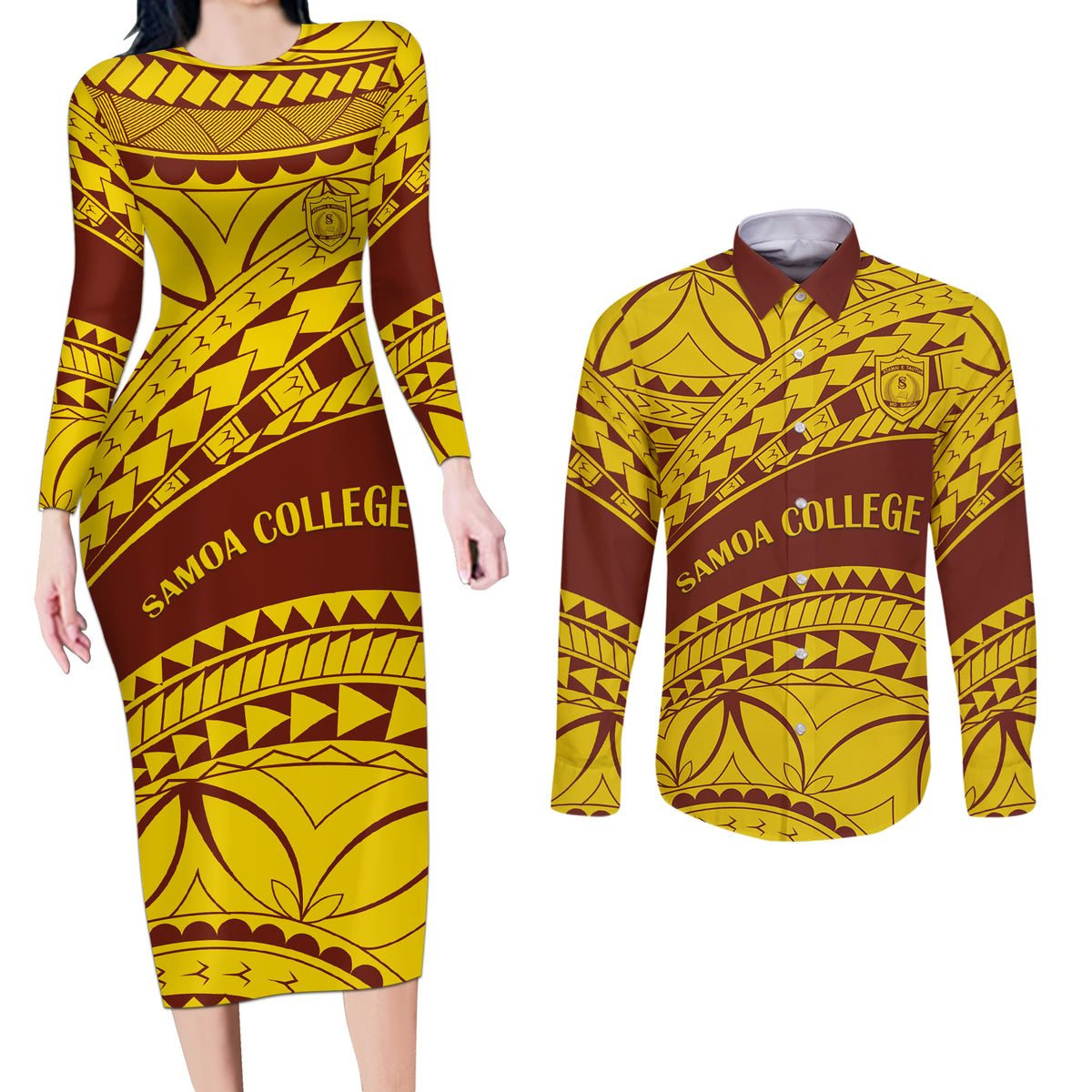 Personalised Samoa College Couples Matching Long Sleeve Bodycon Dress and Long Sleeve Button Shirt Samoan Pattern - Wonder Print Shop