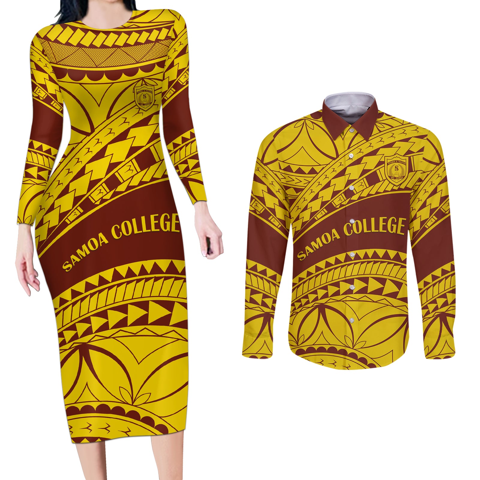 Personalised Samoa College Couples Matching Long Sleeve Bodycon Dress and Long Sleeve Button Shirt Samoan Pattern - Wonder Print Shop