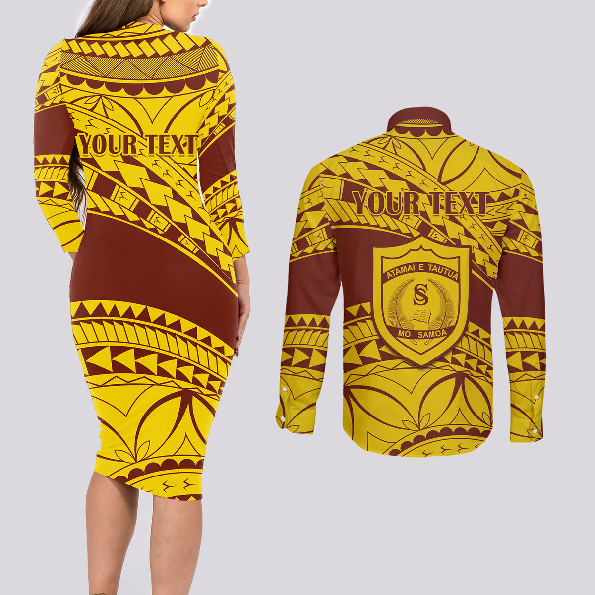 Personalised Samoa College Couples Matching Long Sleeve Bodycon Dress and Long Sleeve Button Shirt Samoan Pattern - Wonder Print Shop