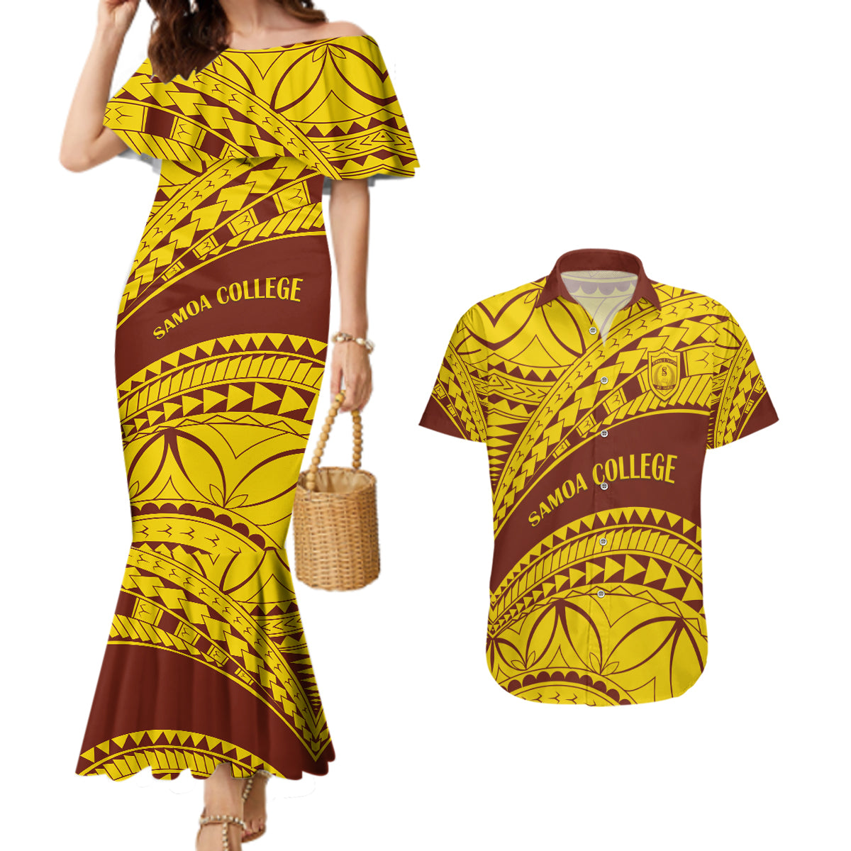 Personalised Samoa College Couples Matching Mermaid Dress and Hawaiian Shirt Samoan Pattern - Wonder Print Shop