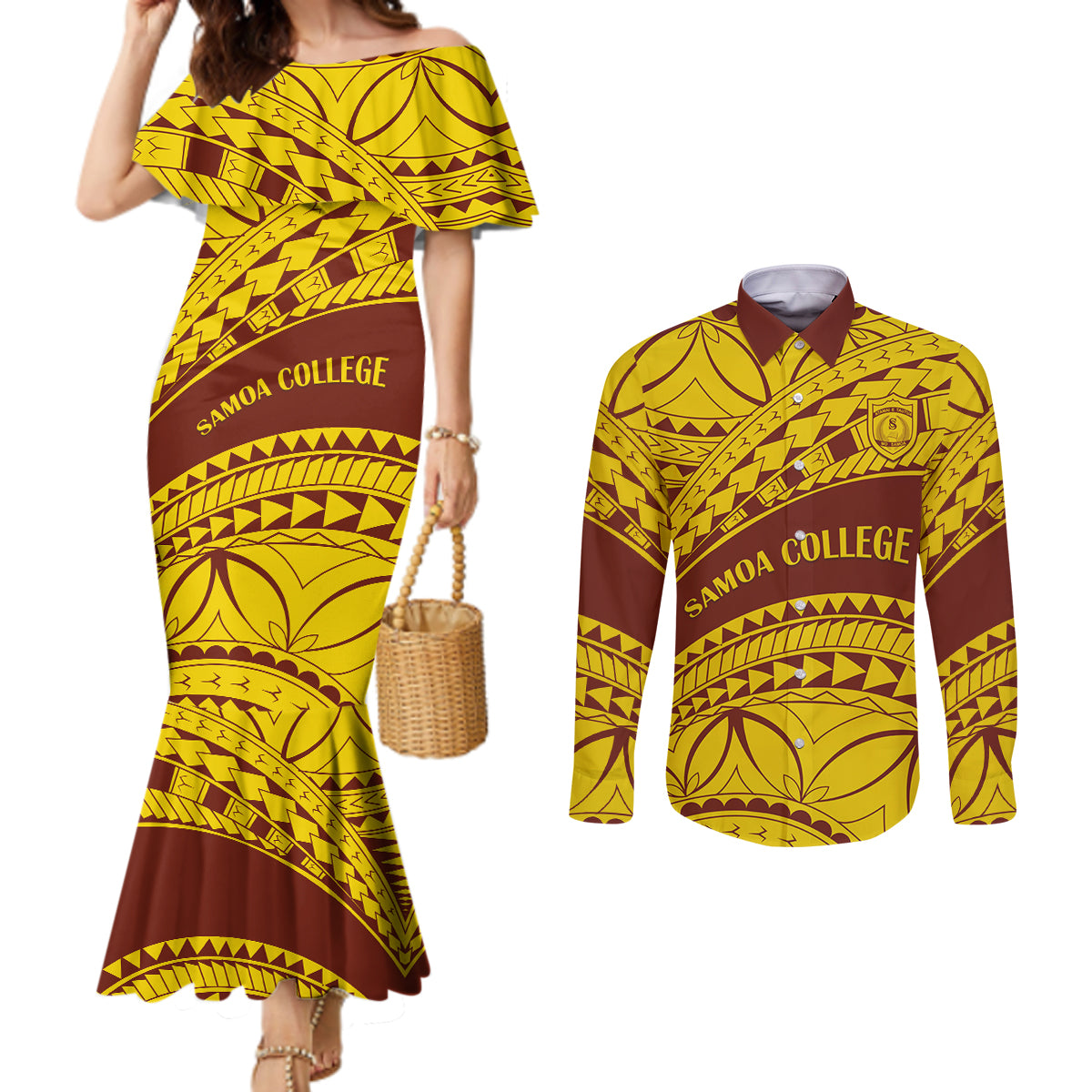 personalised-samoa-college-couples-matching-mermaid-dress-and-long-sleeve-button-shirt-samoan-pattern