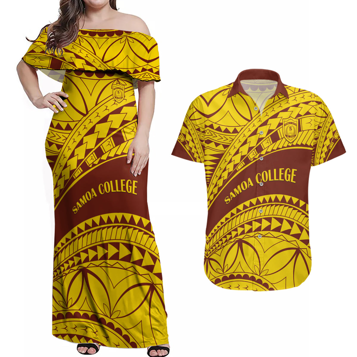 Personalised Samoa College Couples Matching Off Shoulder Maxi Dress and Hawaiian Shirt Samoan Pattern - Wonder Print Shop