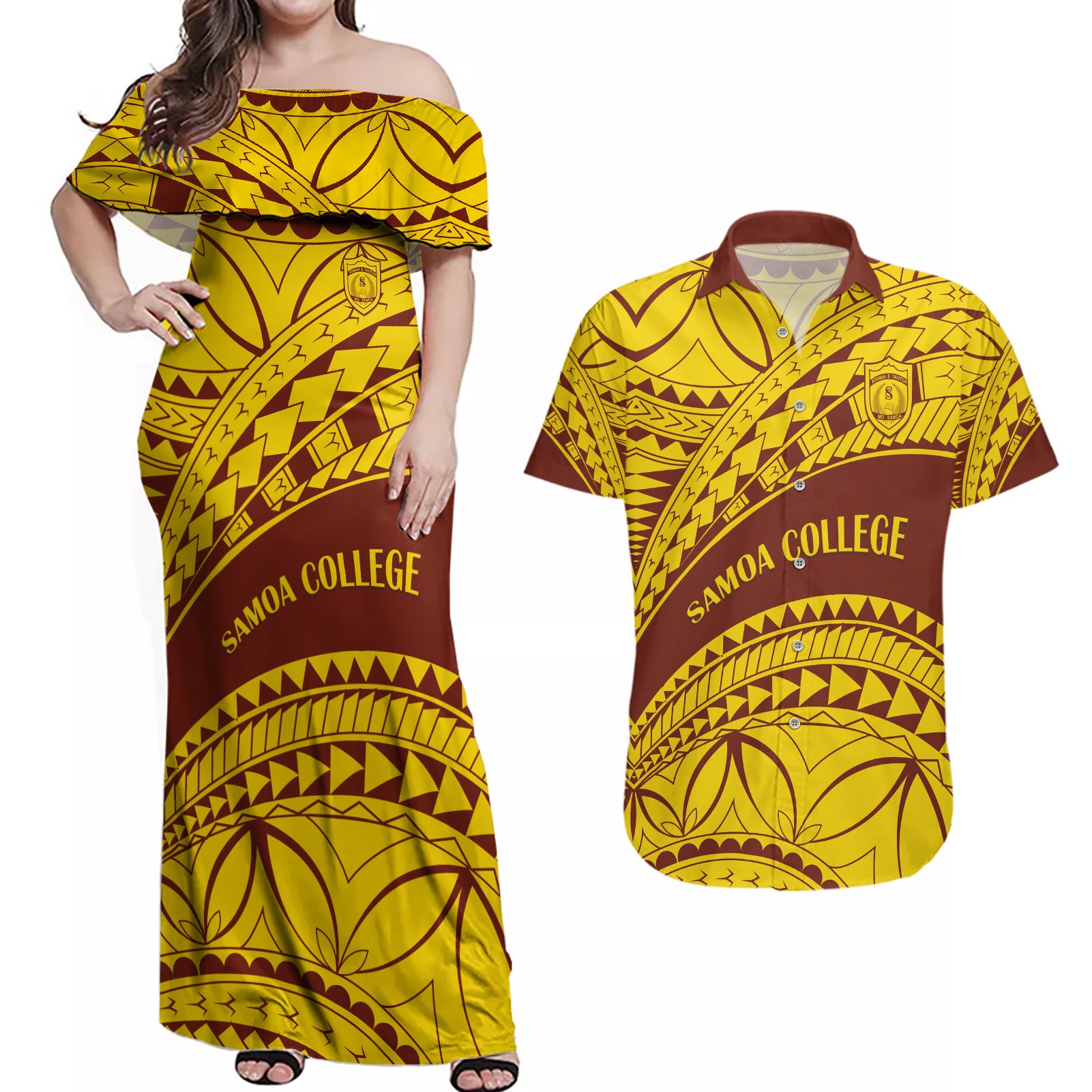 Personalised Samoa College Couples Matching Off Shoulder Maxi Dress and Hawaiian Shirt Samoan Pattern - Wonder Print Shop