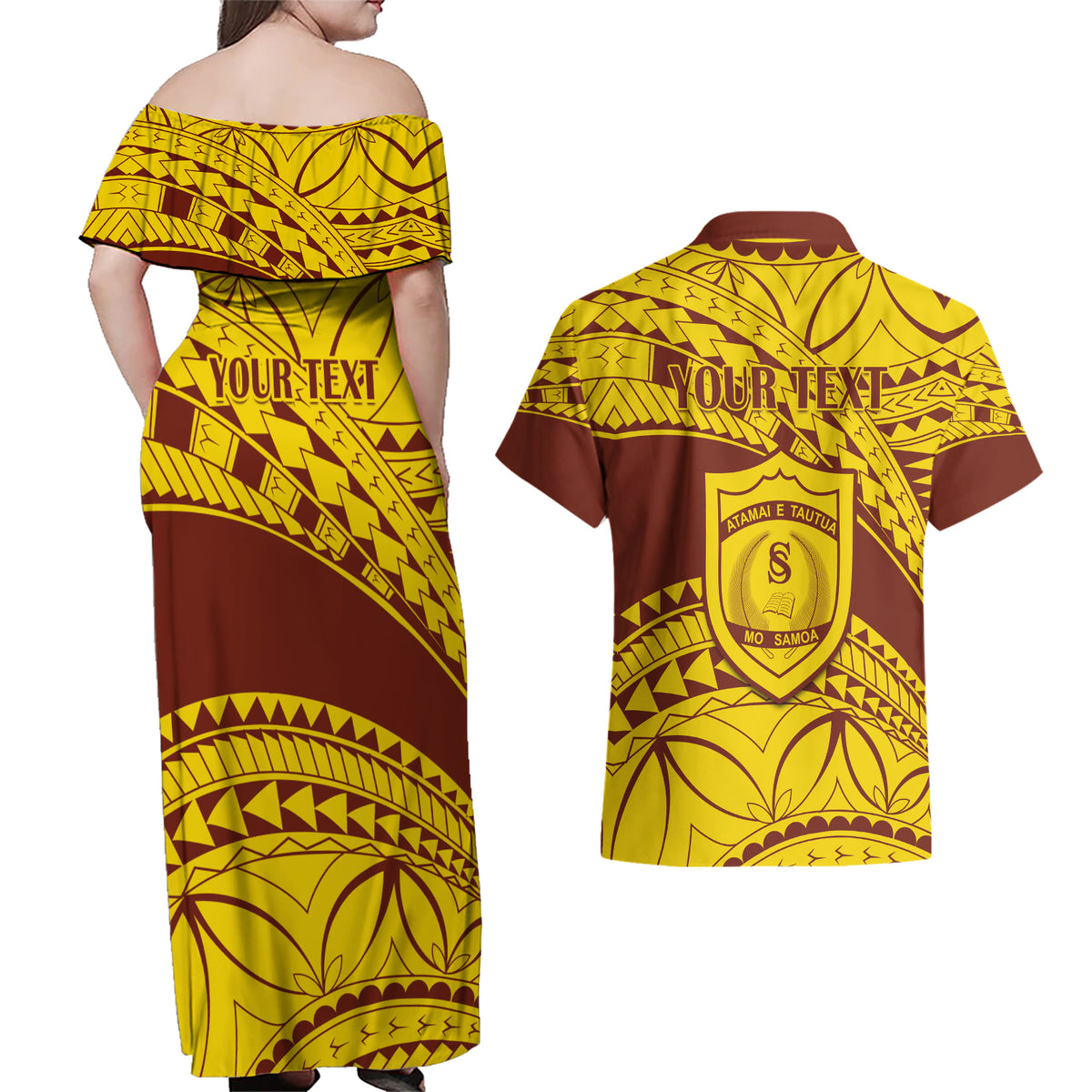 Personalised Samoa College Couples Matching Off Shoulder Maxi Dress and Hawaiian Shirt Samoan Pattern - Wonder Print Shop