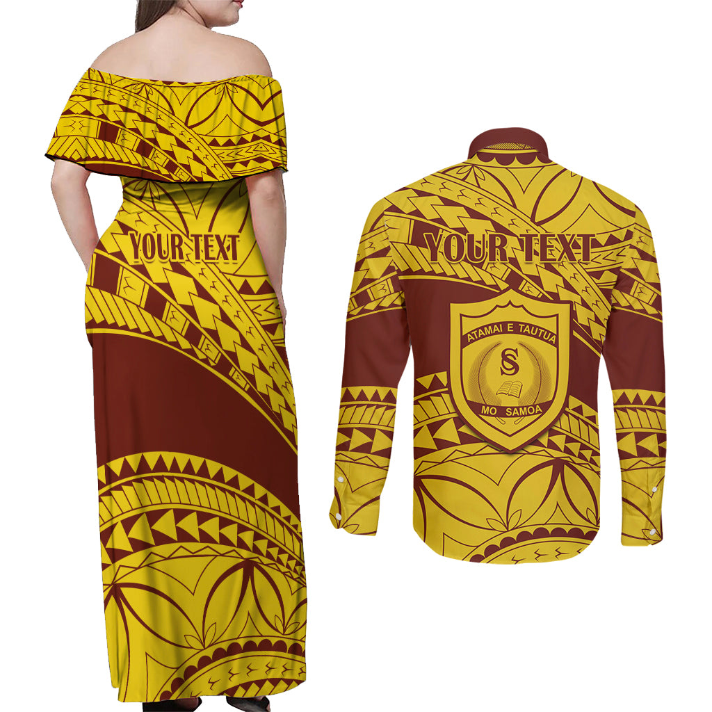 Personalised Samoa College Couples Matching Off Shoulder Maxi Dress and Long Sleeve Button Shirt Samoan Pattern - Wonder Print Shop