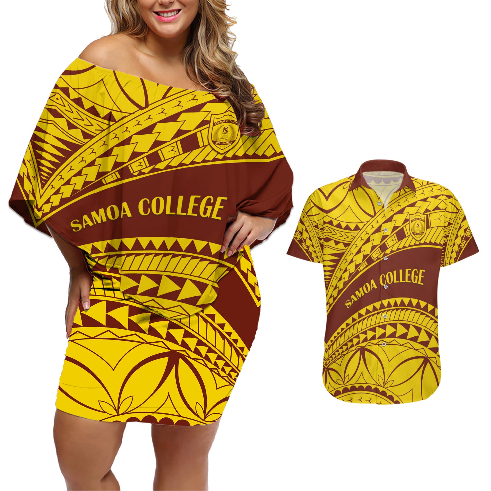 Personalised Samoa College Couples Matching Off Shoulder Short Dress and Hawaiian Shirt Samoan Pattern - Wonder Print Shop