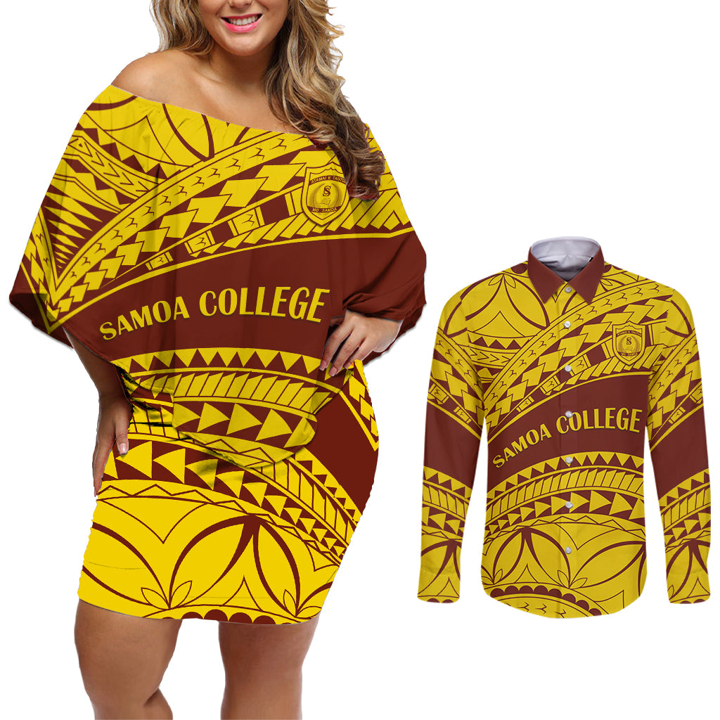 Personalised Samoa College Couples Matching Off Shoulder Short Dress and Long Sleeve Button Shirt Samoan Pattern - Wonder Print Shop